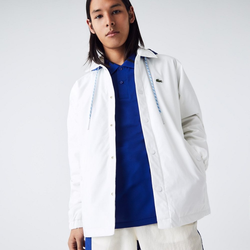 Women's Lacoste LIVE Contrast Hood Buttoned Jackets White Blue | ILA195346