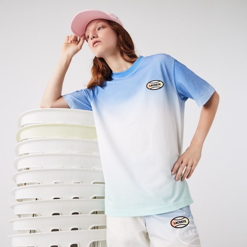 Women's Lacoste LIVE Loose Fit Gradated Print Cotton T-Shirt Blue White Turquoise | ASV851967