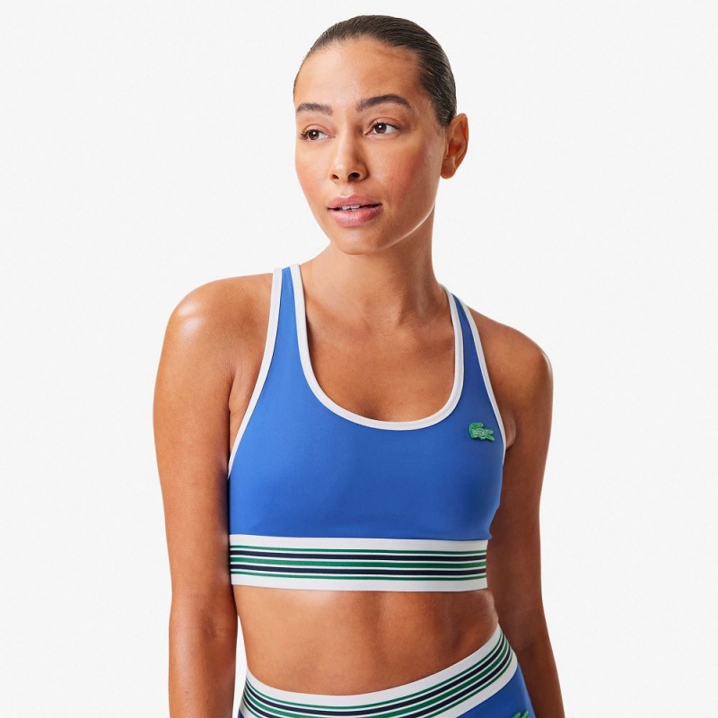 Women's Lacoste Lacoste x Bandier All Motion Striped Sports Bra Blue | QYH036491