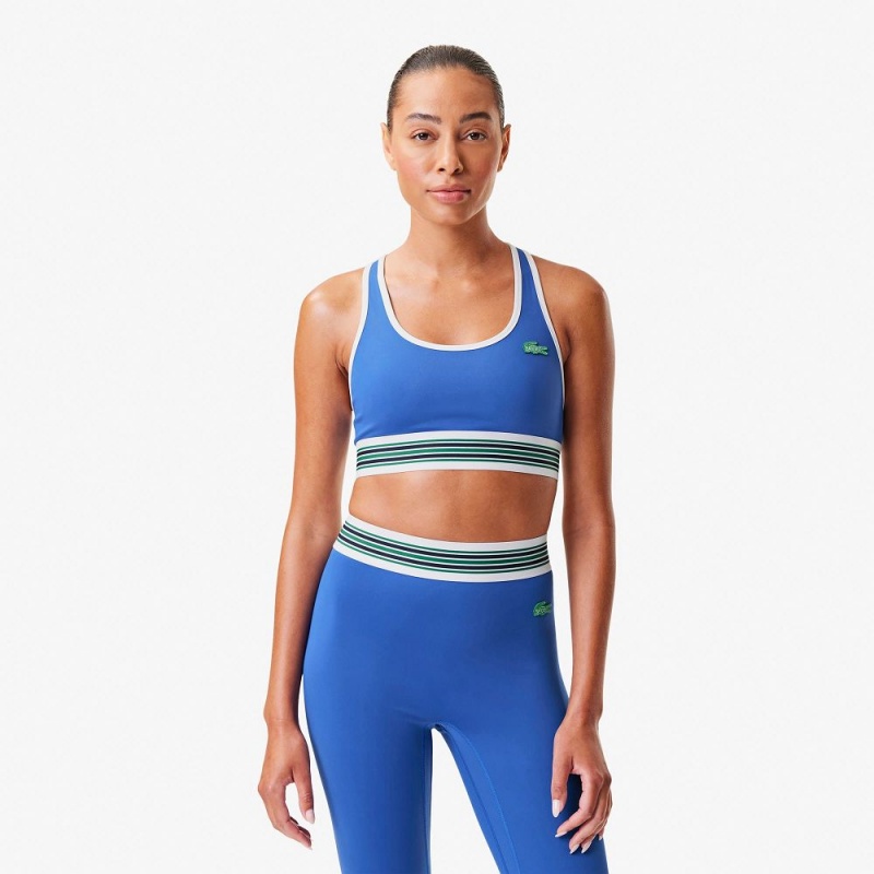 Women\'s Lacoste Lacoste x Bandier All Motion Striped Sports Bra Blue | QYH036491