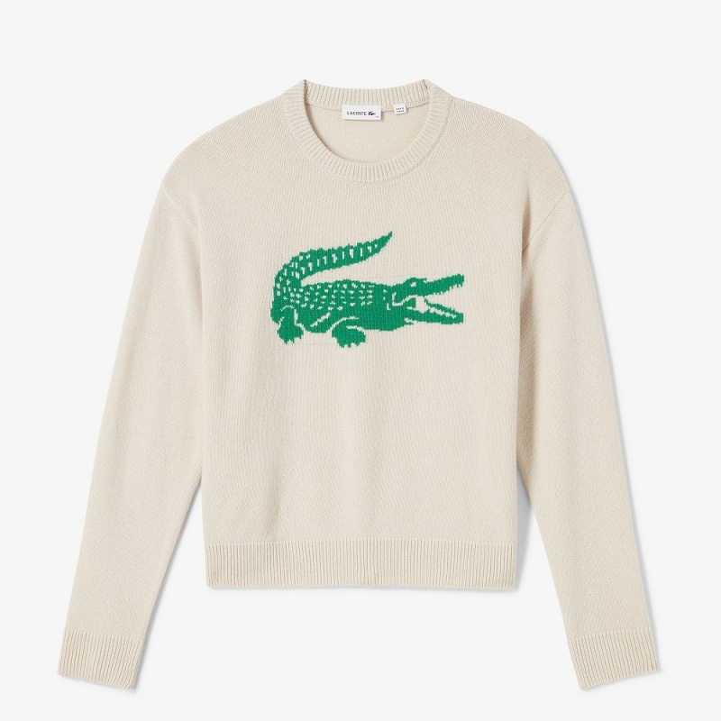 Women's Lacoste Lacoste x Bandier Contrast Crocodile Sweater White Green | SXT982163