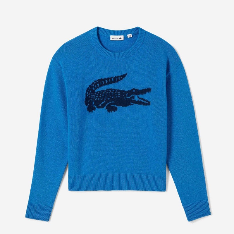 Women's Lacoste Lacoste x Bandier Contrast Crocodile Sweater Blue Navy Blue | PKF597801