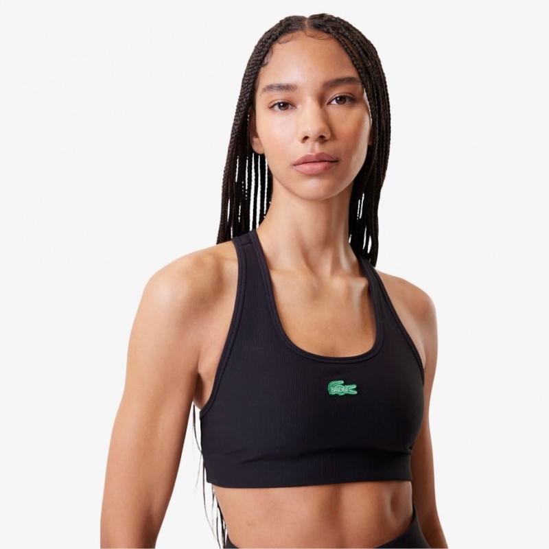 Women's Lacoste Lacoste x Bandier Ribbed Sports Bra Black | ALM065239