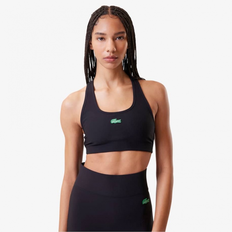 Women's Lacoste Lacoste x Bandier Ribbed Sports Bra Black | ALM065239