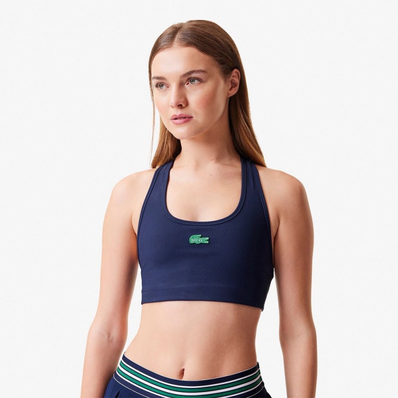 Women's Lacoste Lacoste x Bandier Ribbed Sports Bra Navy Blue | GSQ208536