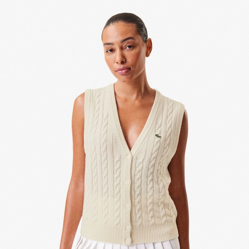 Women's Lacoste Lacoste x Bandier Sleeveless Cashmere Cardigan White | KRH034892