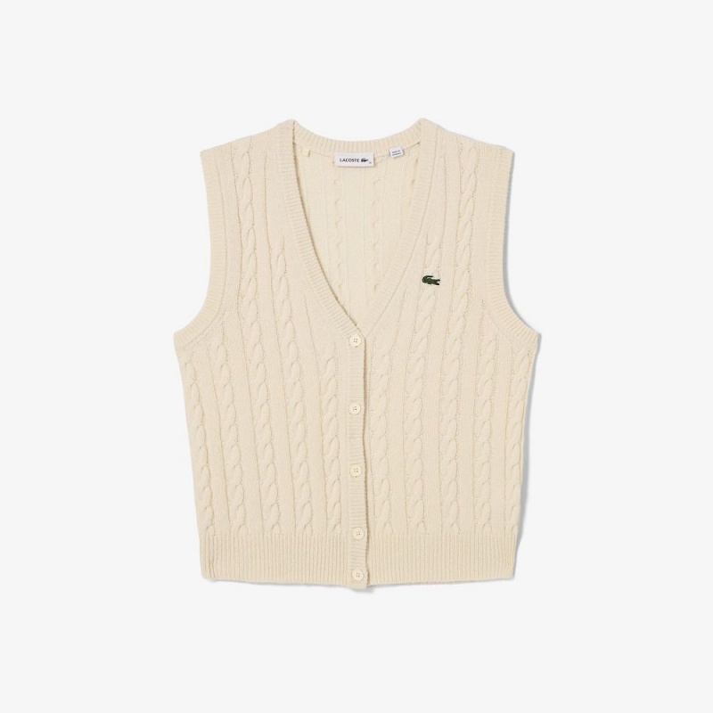 Women's Lacoste Lacoste x Bandier Sleeveless Cashmere Cardigan White | KRH034892