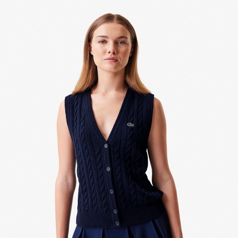 Women's Lacoste Lacoste x Bandier Sleeveless Cashmere Cardigan Navy Blue | PRU894275