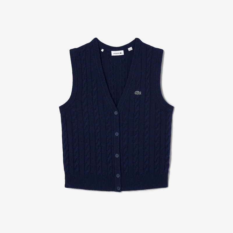 Women's Lacoste Lacoste x Bandier Sleeveless Cashmere Cardigan Navy Blue | PRU894275