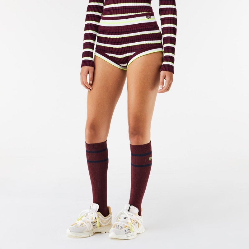 Women's Lacoste Lacoste x EleVen by Venus Striped Ribbed Lounge Shorts Bordeaux White | CXS408791