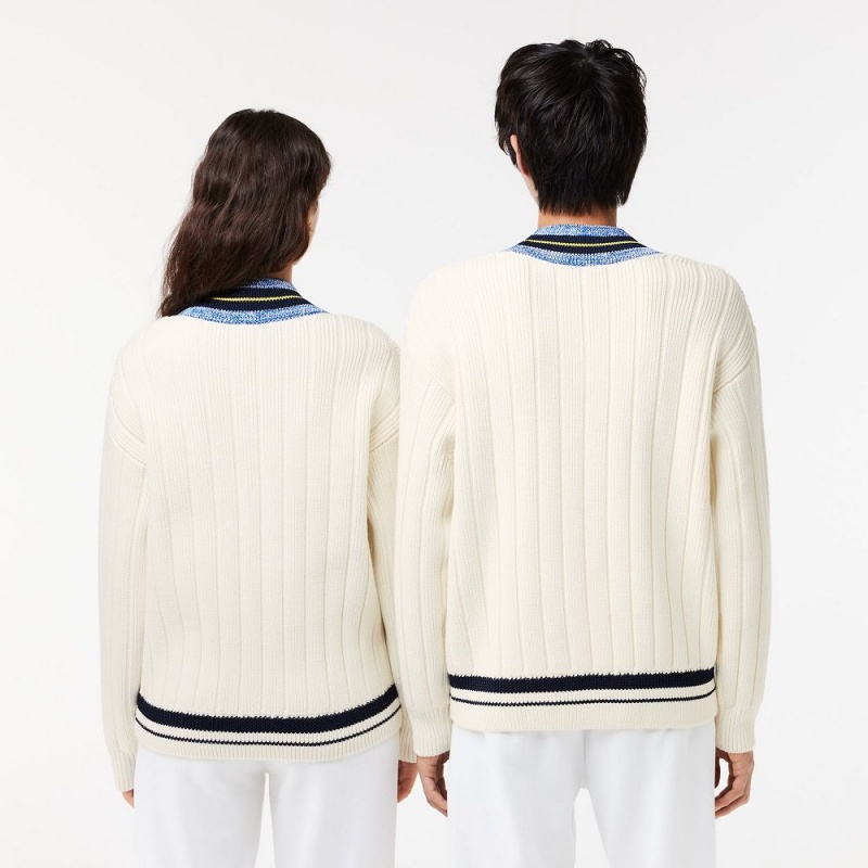 Women's Lacoste Lacoste x EleVen by Venus Oversized Striped V-Neck Sweater White | NAF720318