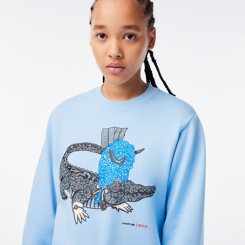 Women's Lacoste Lacoste x Netflix Loose Fit Organic Cotton Fleece Sweatshirt Pastel blue | VLE854732