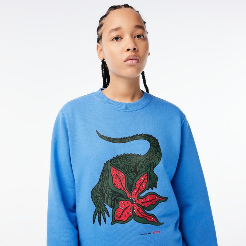 Women's Lacoste Lacoste x Netflix Loose Fit Organic Cotton Fleece Sweatshirt Ethereal blue | QEC462073