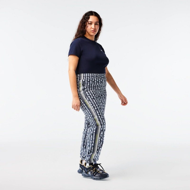 Women's Lacoste Logo Print Joggers Black Blue White | VGP298063