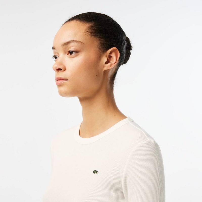 Women's Lacoste Long Sleeve Ribbed Cotton T-Shirt White | FTX516024