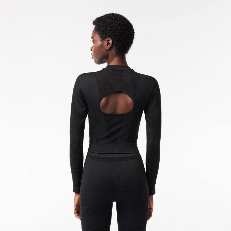 Women's Lacoste Long Sleeve Seamless Sport Crop Top T-Shirt Black | PWY931264