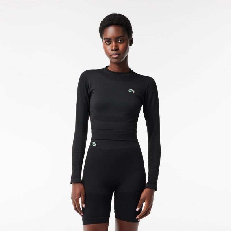 Women\'s Lacoste Long Sleeve Seamless Sport Crop Top T-Shirt Black | PWY931264