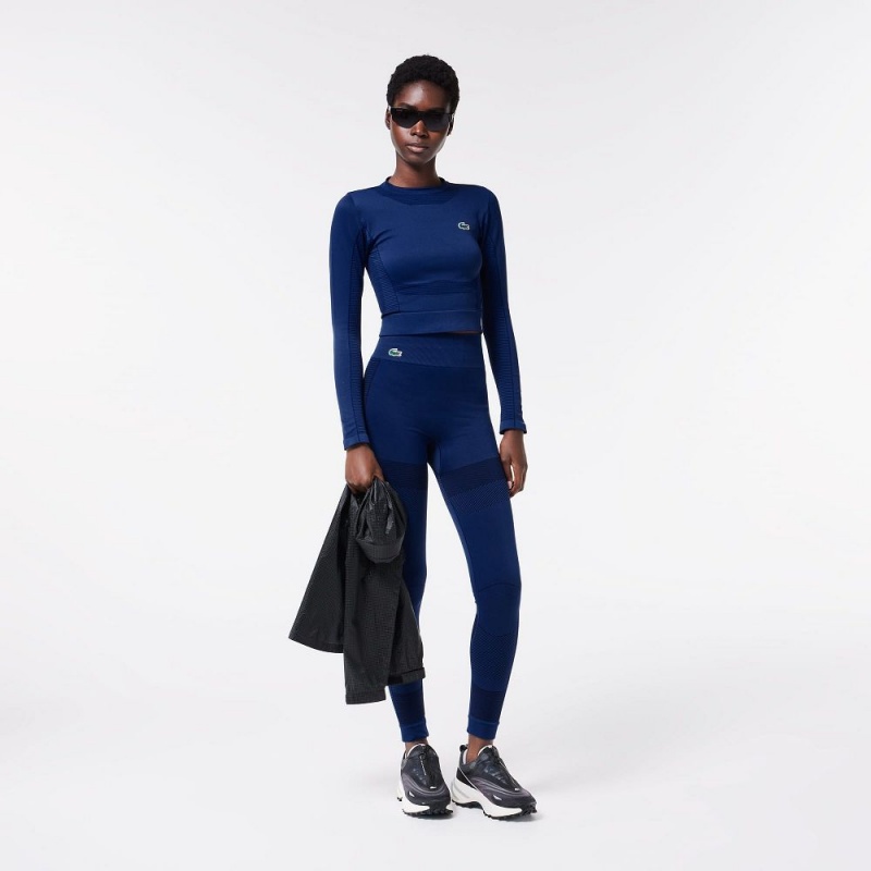 Women's Lacoste Long Sleeve Seamless Sport Crop Top T-Shirt Methylene blue | KQA128650