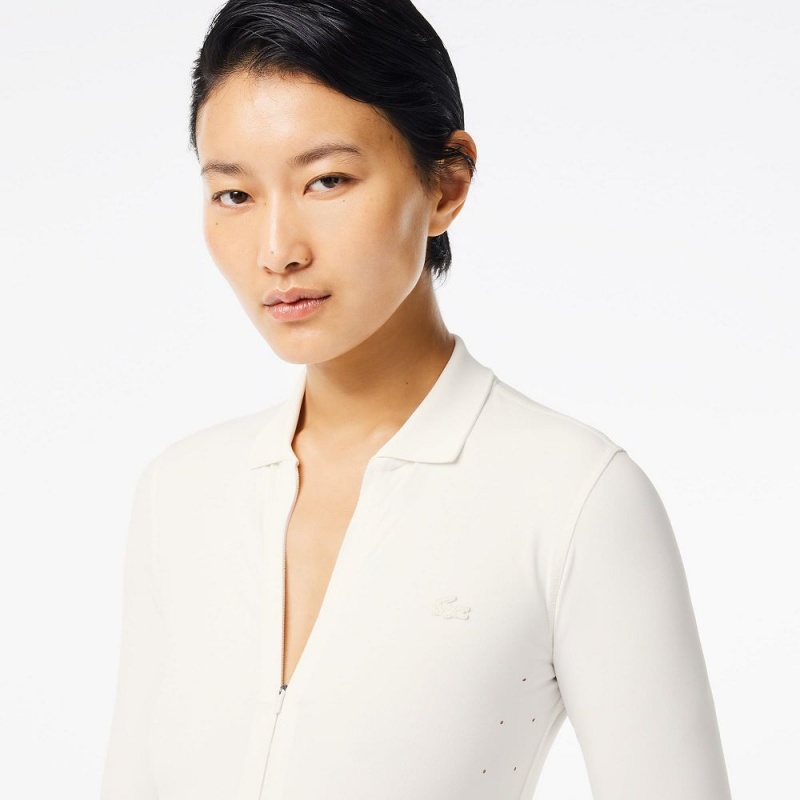 Women's Lacoste Long Sleeve Zip-Up Bodysuit Polo Shirts White | JGL875634