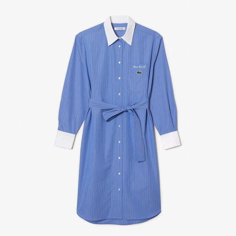 Women's Lacoste Long Sleeved Striped Cotton Poplin Dress Blue White | TWL312860