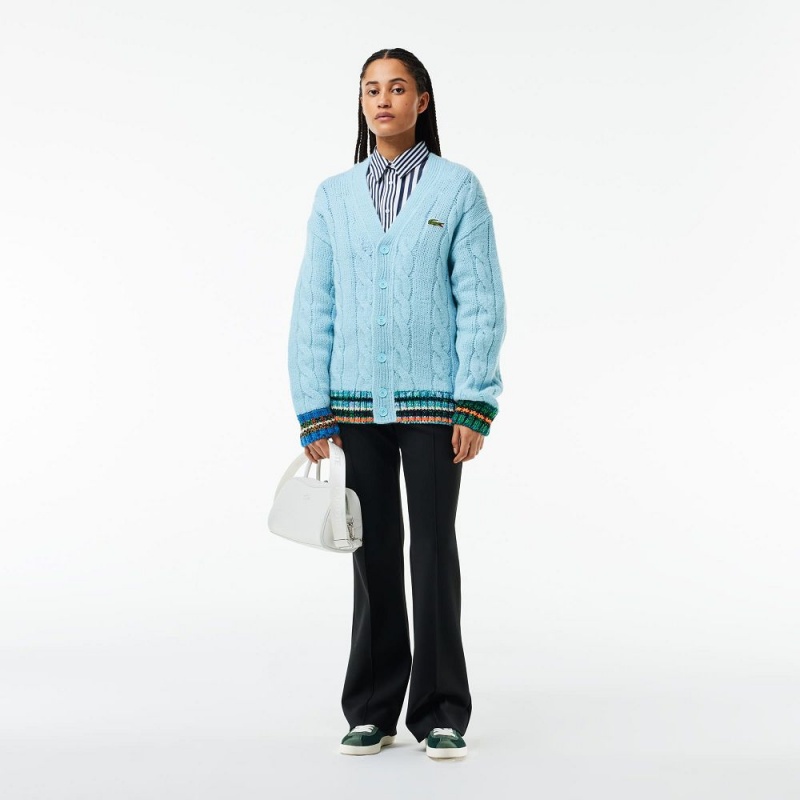 Women's Lacoste Loose Fit Cable Knit Striped Cardigan Light Blue White | WAV913680