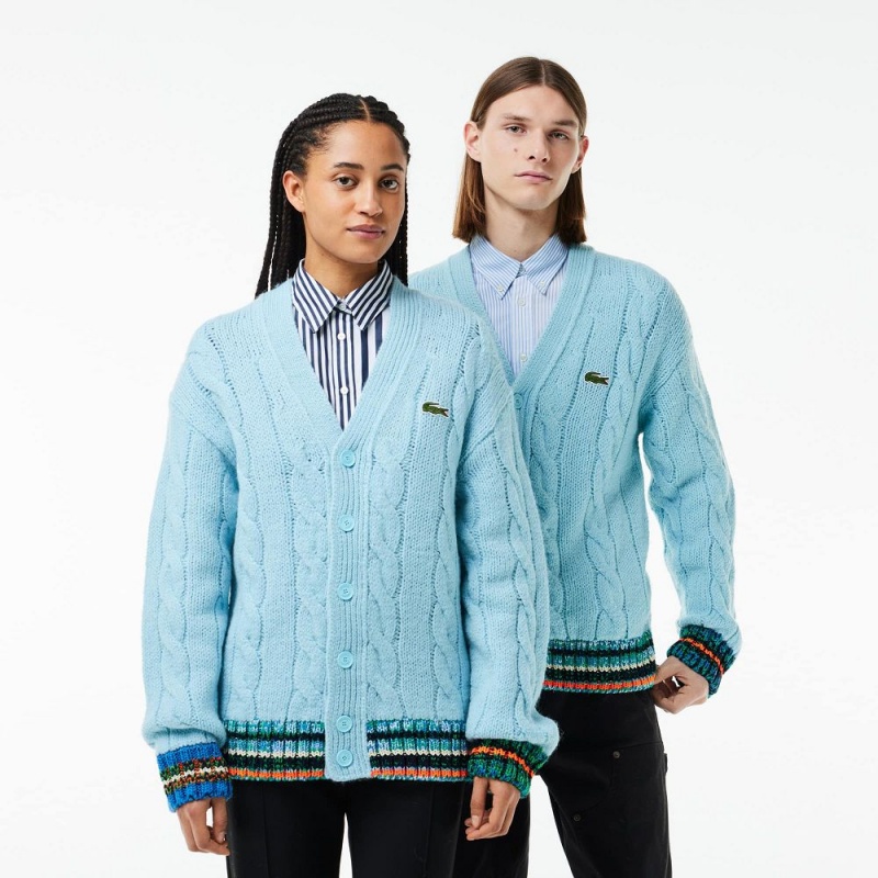 Women\'s Lacoste Loose Fit Cable Knit Striped Cardigan Light Blue White | WAV913680