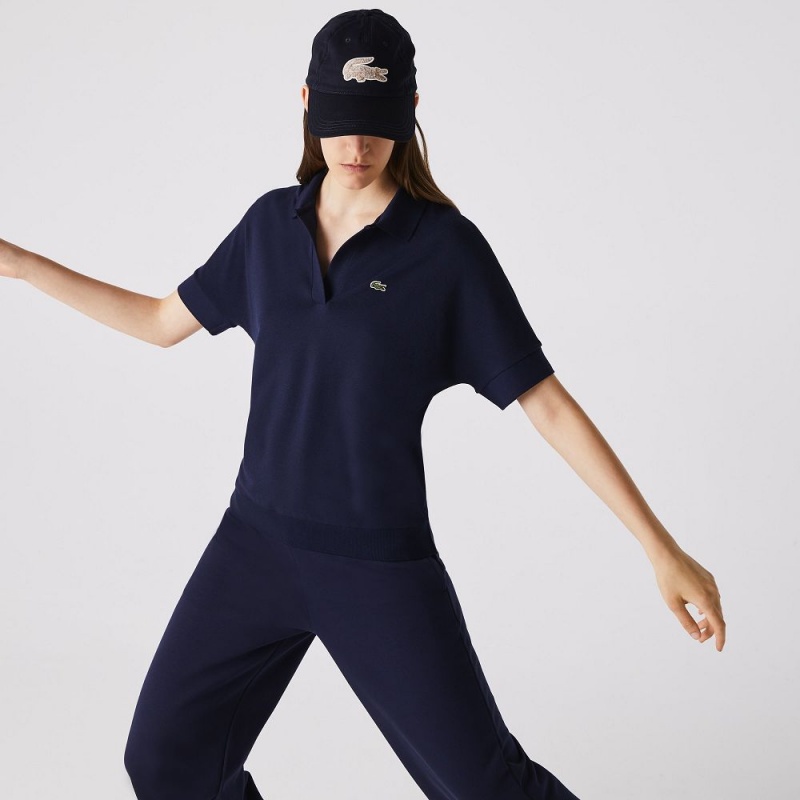 Women's Lacoste Loose Fit Flowy Piqué Polo Shirts Navy Blue | ELZ915724