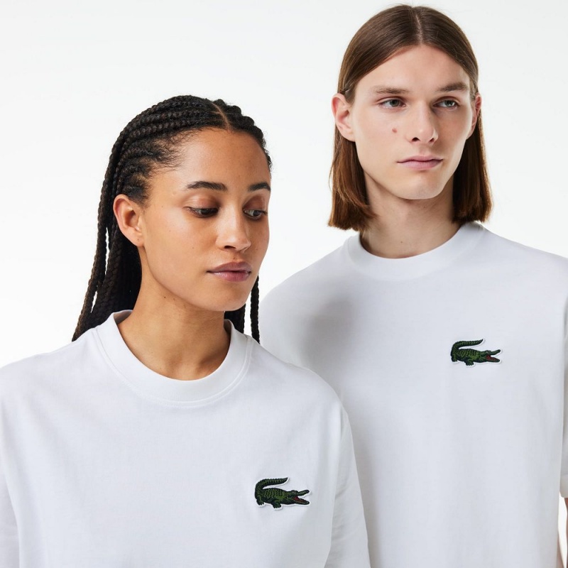 Women's Lacoste Loose Fit Large Croc Organic Heavy Cotton T-Shirt White | ZXM852791