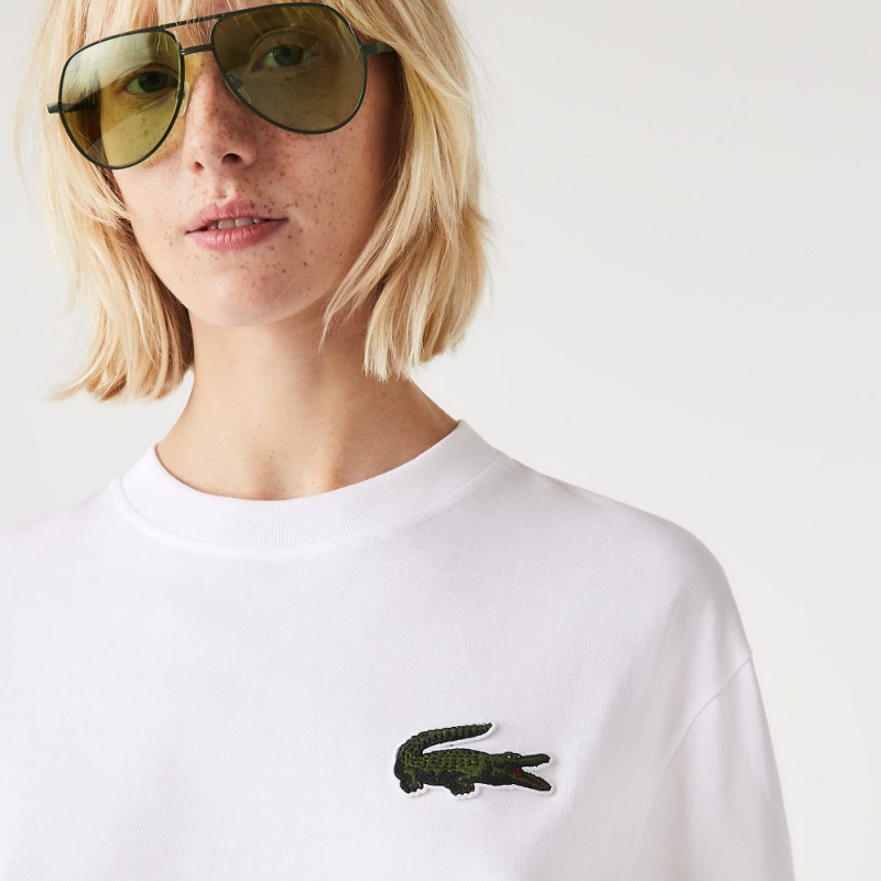 Women's Lacoste Loose Fit Large Croc Organic Heavy Cotton T-Shirt White | ZXM852791