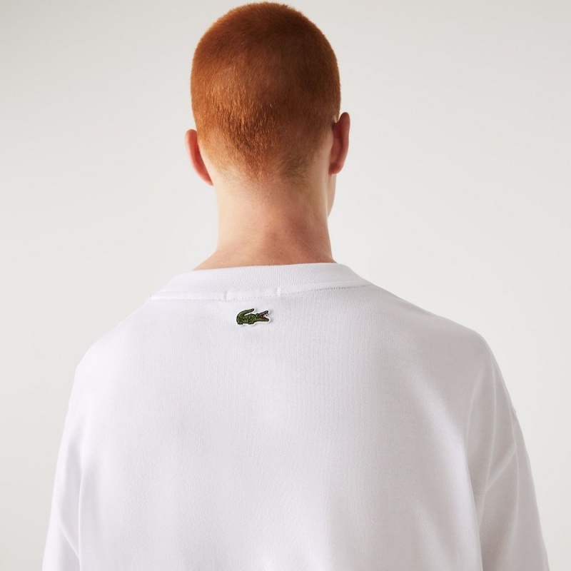 Women's Lacoste Loose Fit Large Croc Organic Heavy Cotton T-Shirt White | ZXM852791