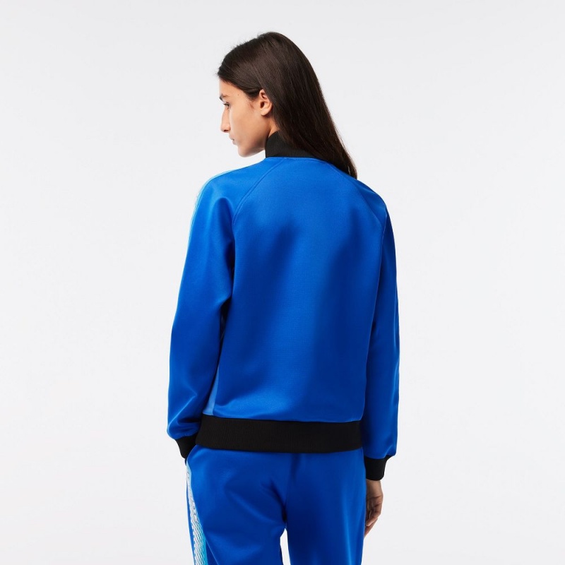 Women's Lacoste Loose Fit Logo Stripe Zip-Up Sweatshirt Blue Black | WPZ791240