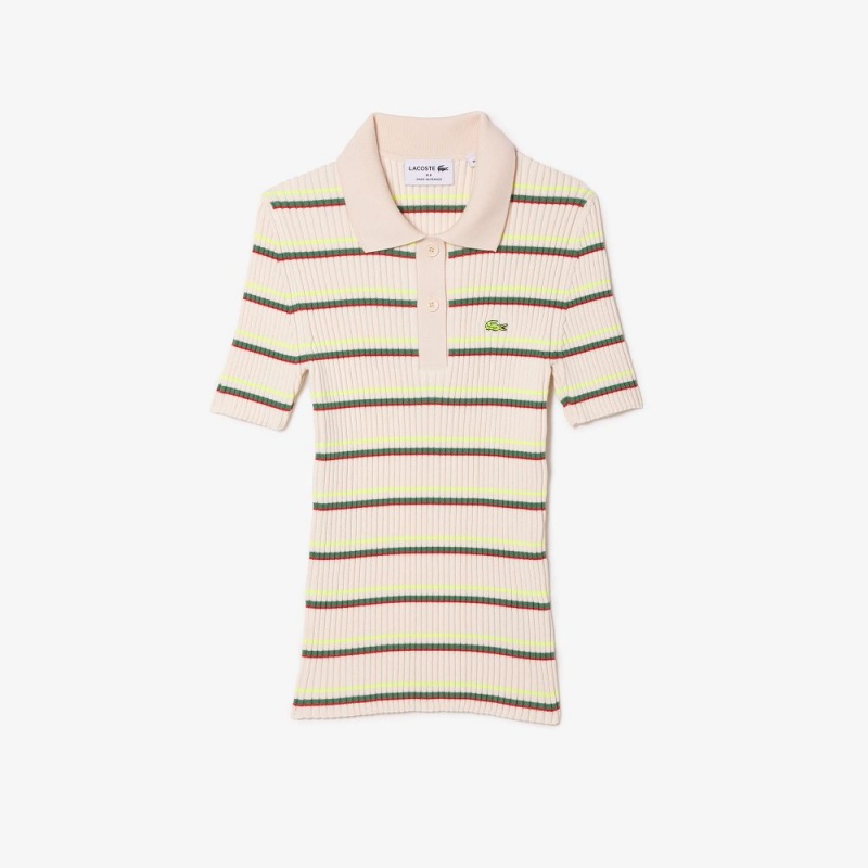 Women's Lacoste Made In France Organic Cotton Striped Polo Sweater White | THX980345