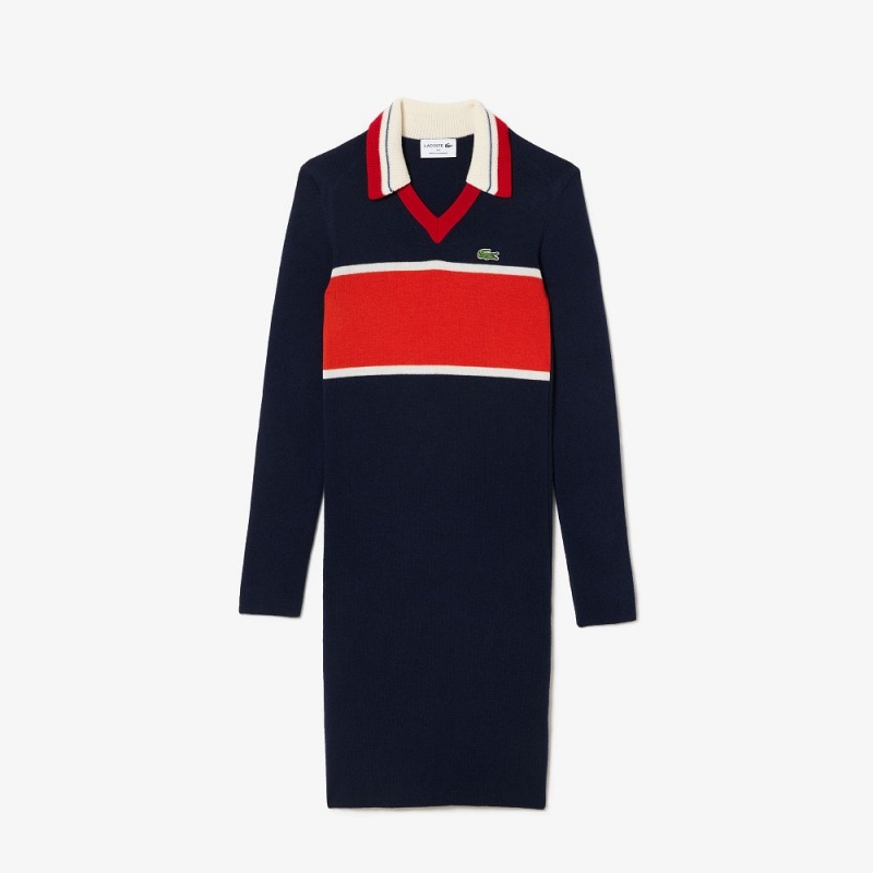 Women\'s Lacoste Made in France Contrast Polo Dress Navy Blue Orange White | IHG769253