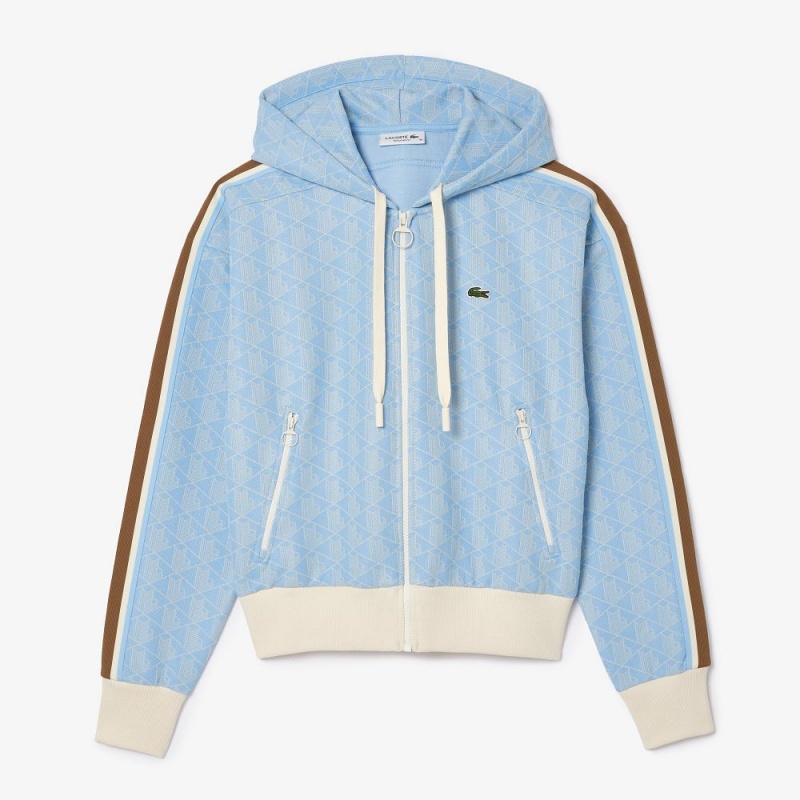 Women's Lacoste Monogram Jacquard Zip-Up Hoodie Light Blue White | ZIK153469