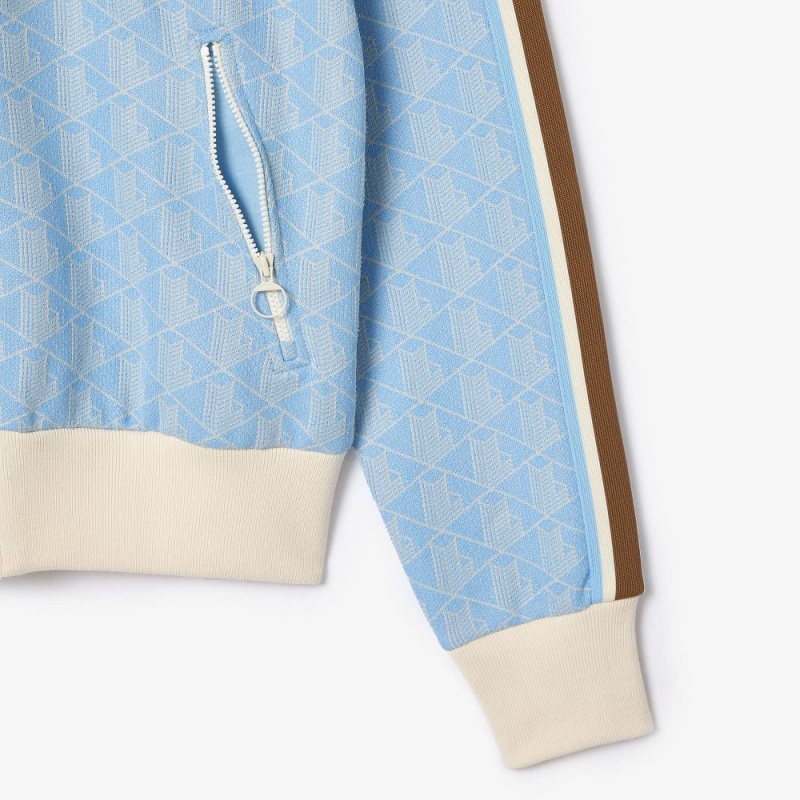 Women's Lacoste Monogram Jacquard Zip-Up Hoodie Light Blue White | ZIK153469