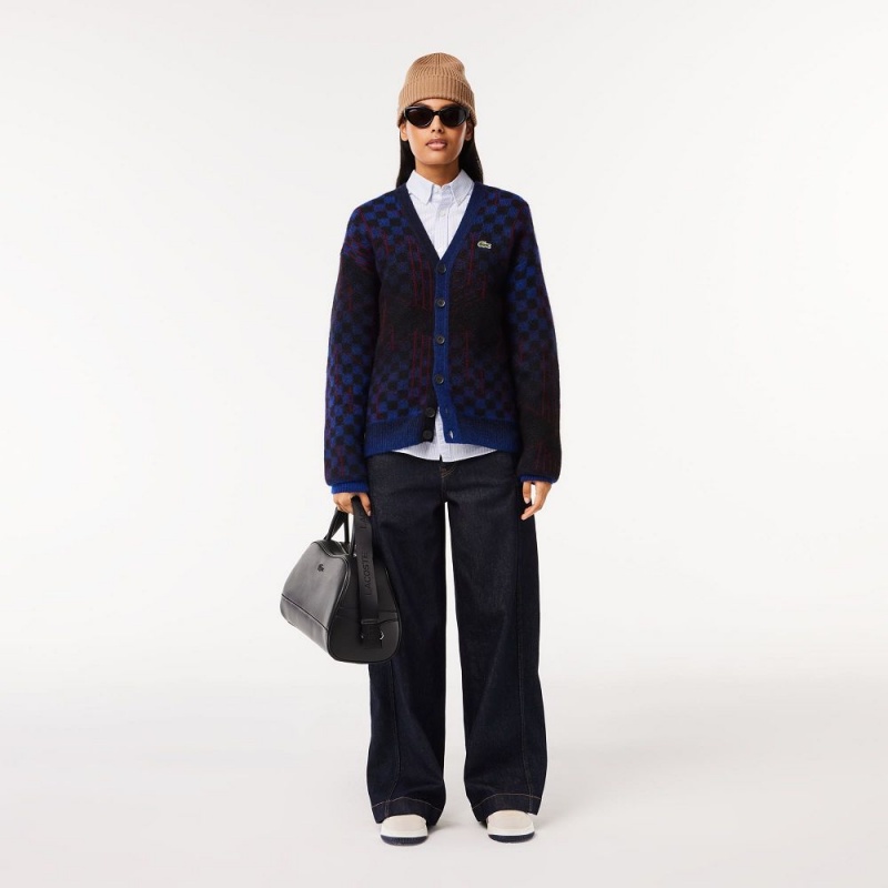 Women's Lacoste Monogram Motif Alpaca and Wool Cardigan Blue Black Bordeaux | YZC915208