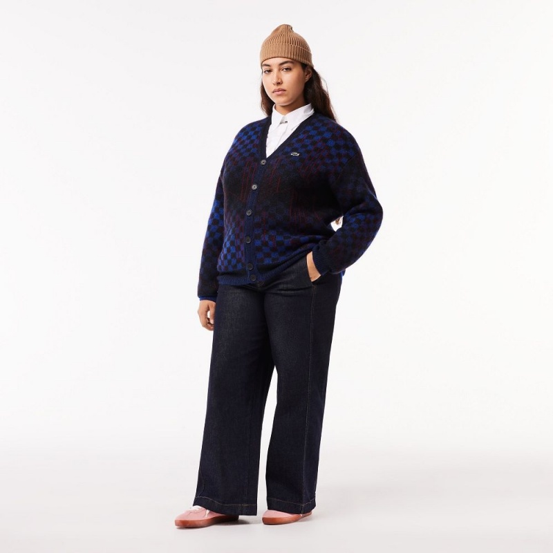 Women's Lacoste Monogram Motif Alpaca and Wool Cardigan Blue Black Bordeaux | YZC915208