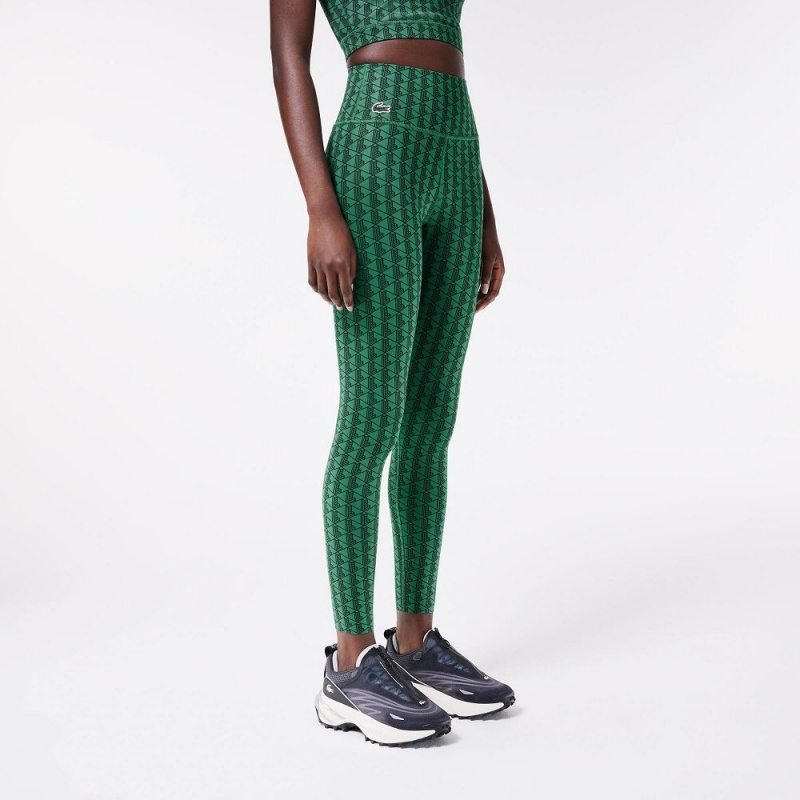 Women's Lacoste Monogram Print Sport Leggings Green | CIF031465