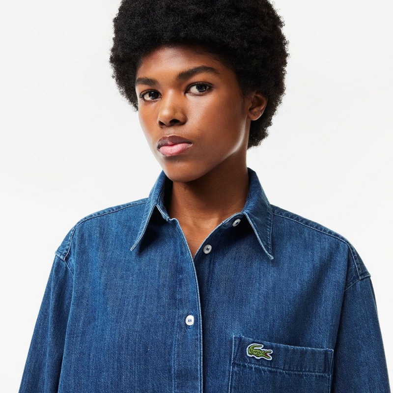 Women's Lacoste Oversized Cotton Denim Shirt Blue Chine | QTJ094231