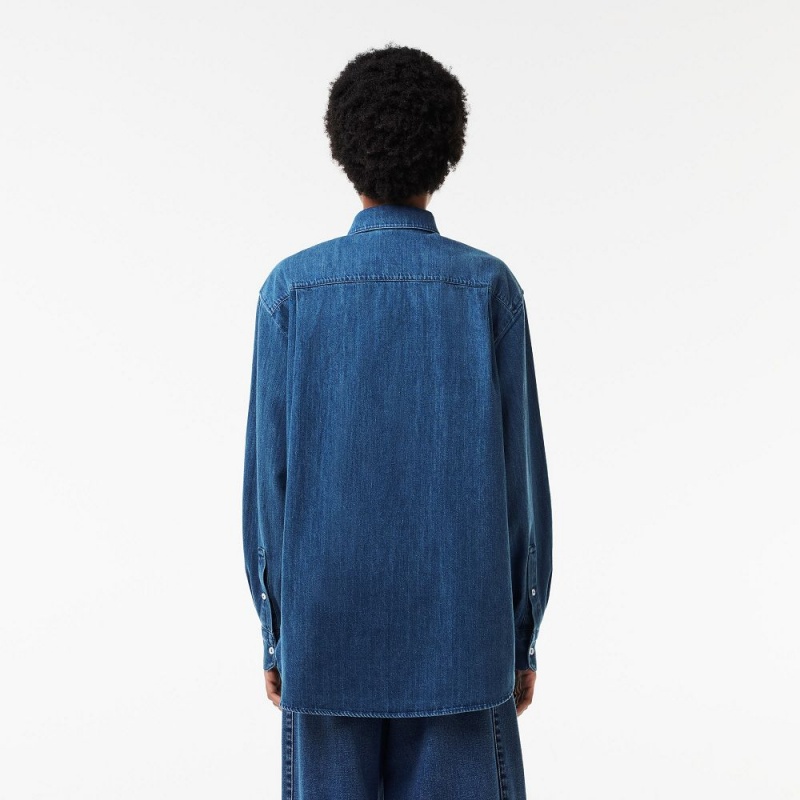 Women's Lacoste Oversized Cotton Denim Shirt Blue Chine | QTJ094231