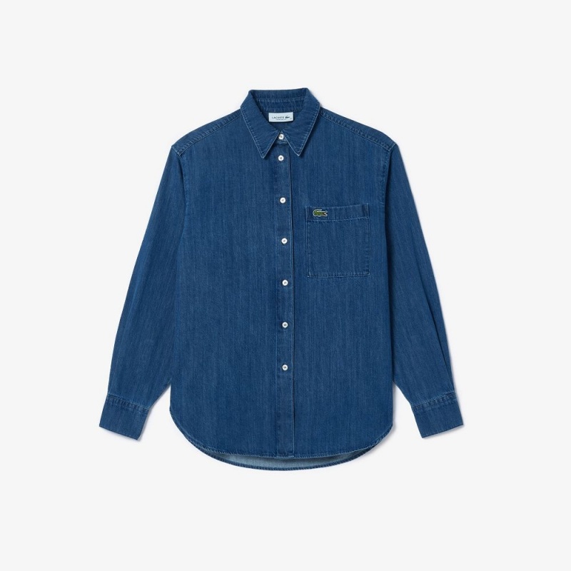 Women's Lacoste Oversized Cotton Denim Shirt Blue Chine | QTJ094231