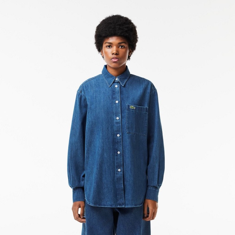 Women\'s Lacoste Oversized Cotton Denim Shirt Blue Chine | QTJ094231