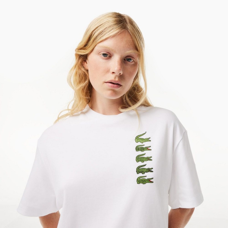 Women's Lacoste Oversized Iconic Croc Print Cotton T-Shirt White | OXL624031