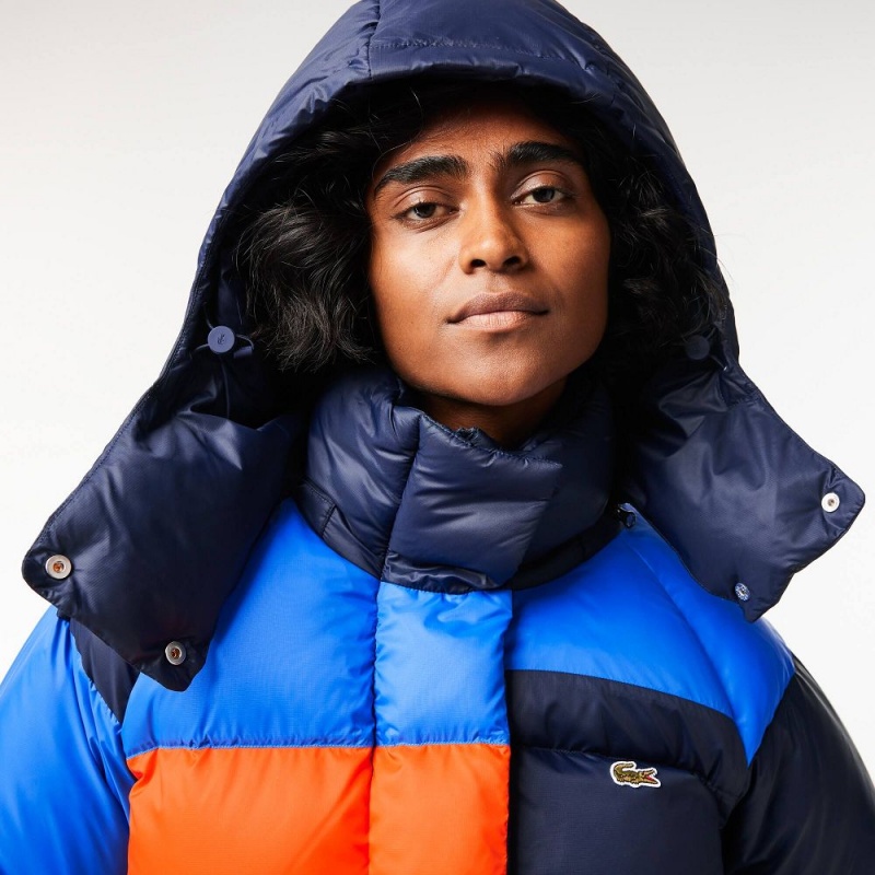 Women's Lacoste Oversized Removable Hood Puffer Jackets Navy Blue Blue Orange Bordeaux | BLG389604