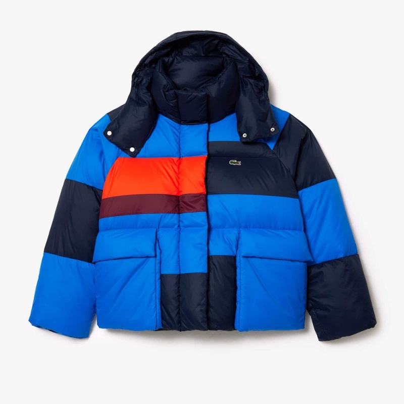 Women's Lacoste Oversized Removable Hood Puffer Jackets Navy Blue Blue Orange Bordeaux | BLG389604