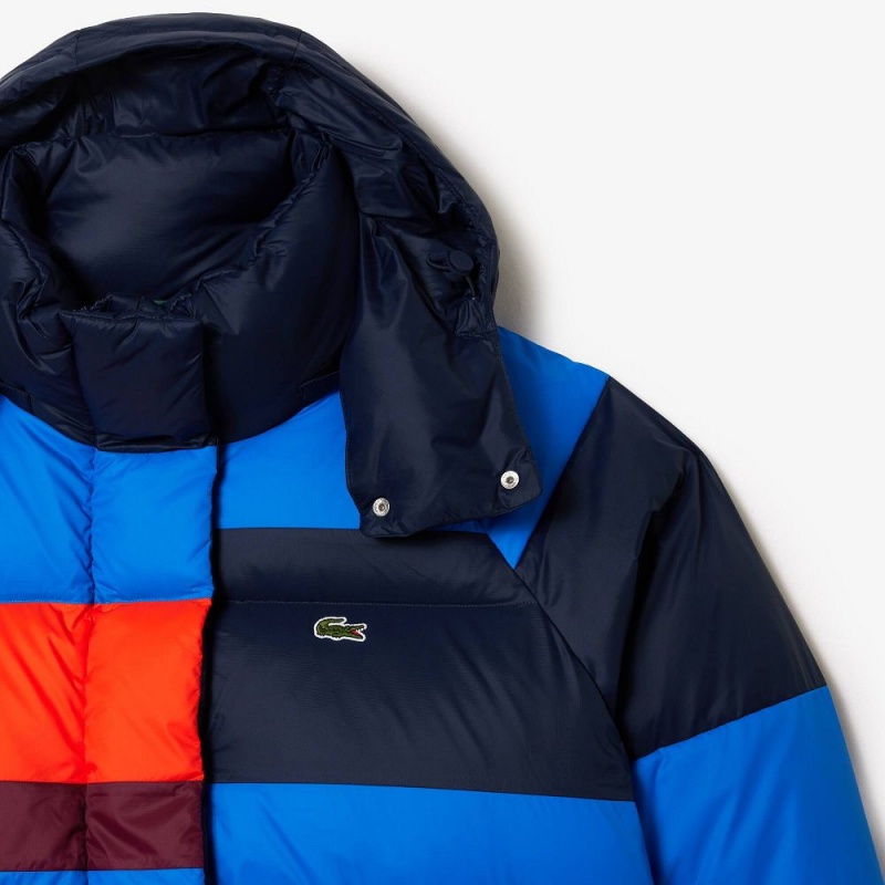 Women's Lacoste Oversized Removable Hood Puffer Jackets Navy Blue Blue Orange Bordeaux | BLG389604