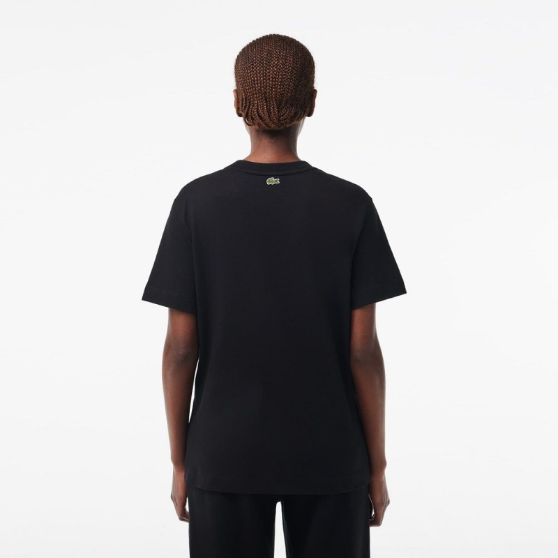 Women's Lacoste Regular Fit Signature Print T-Shirt Black | TEV170659