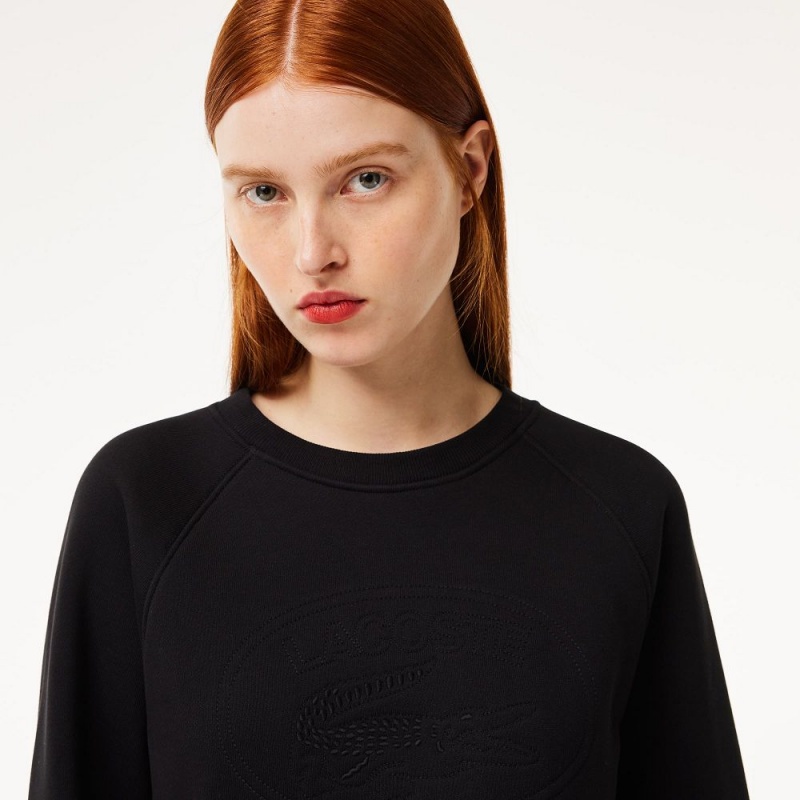 Women's Lacoste Relaxed Fit Embroidered Signature Sweatshirt Black | WYD680394