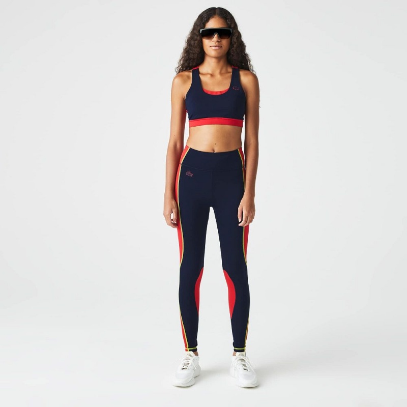 Women's Lacoste SPORT Colorblock Knit Effect Leggings Navy Blue Red | RXD970853