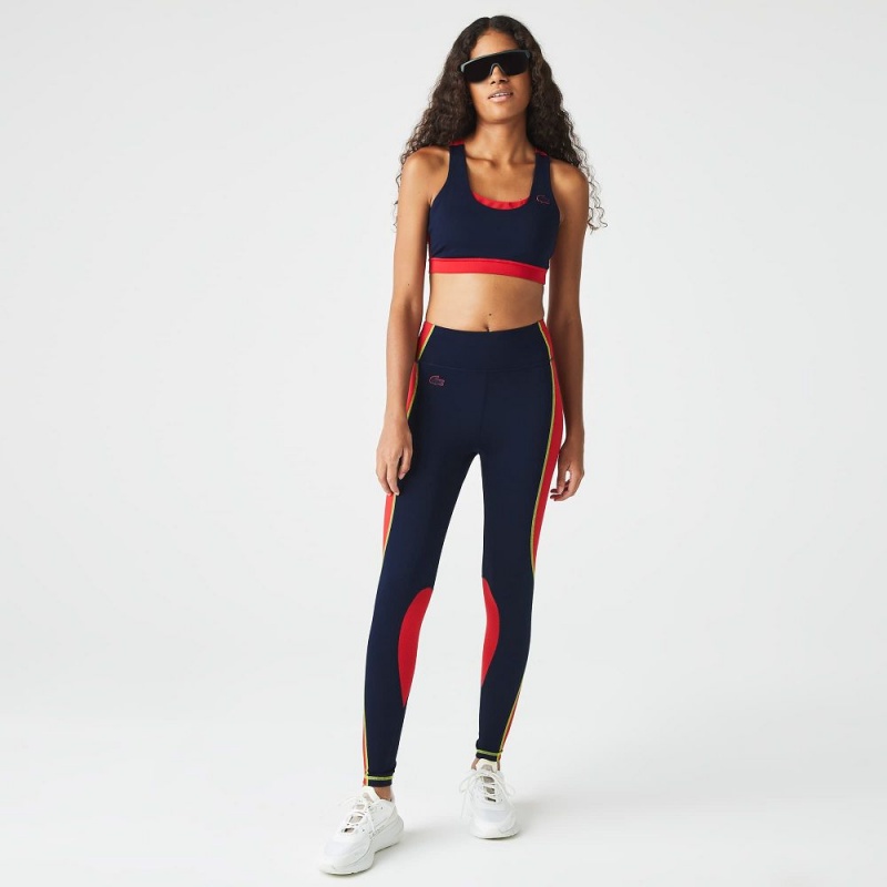 Women's Lacoste SPORT Colorblock Knit Effect Leggings Navy Blue Red | RXD970853